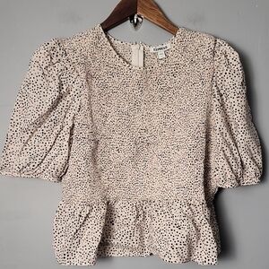 Express Cream Peplum Linen Blend Puff Sleeves Peter Pan Collar Cropped Top